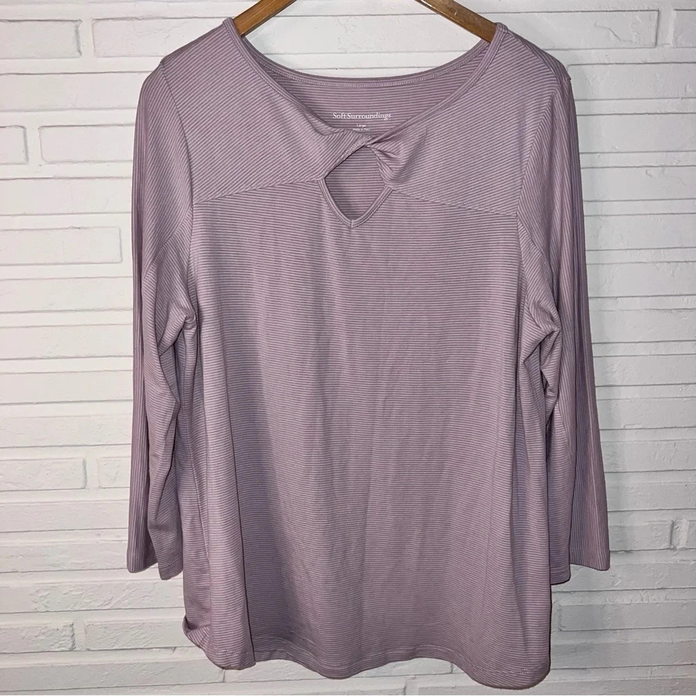 Soft Surroundings Purple and White Striped Stretch Long Sleeve Shirt, Size Large